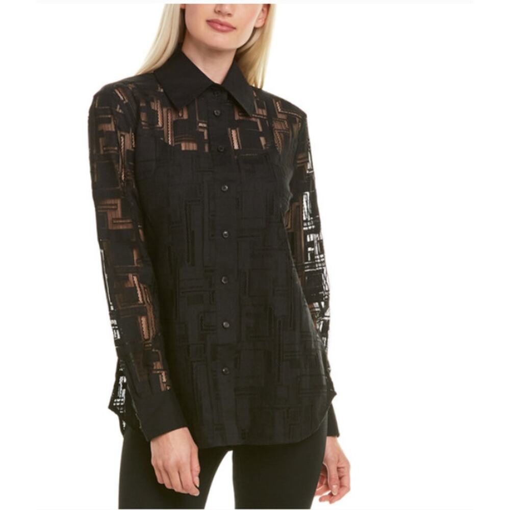 Lafayette 148 New York James Black Lace Sheer Button Up Blouse Size Medium - Picture 7 of 8